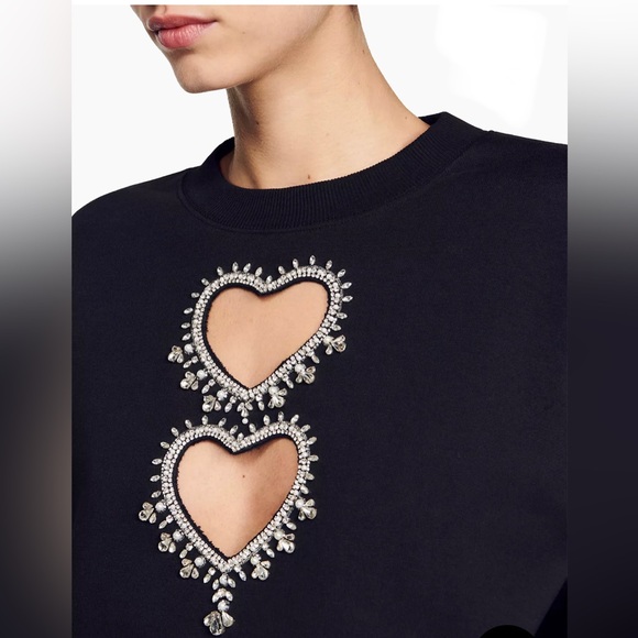 Sandro Sweatshirt with Rhinestone Hearts NWOT - Picture 11 of 12